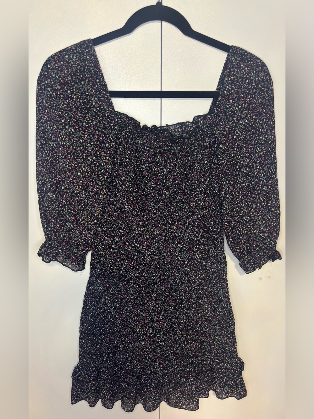 Square Neck Black Floral Long Sleeve Mini Dress